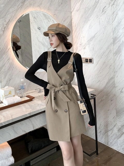 ジャンパースカート オールインワン ウエストリボン ラップ ミニ丈 Vネック ダブル ハイウエスト