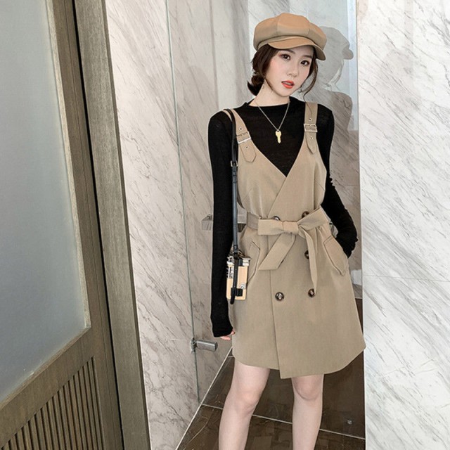 ジャンパースカート オールインワン ウエストリボン ラップ ミニ丈 Vネック ダブル ハイウエスト