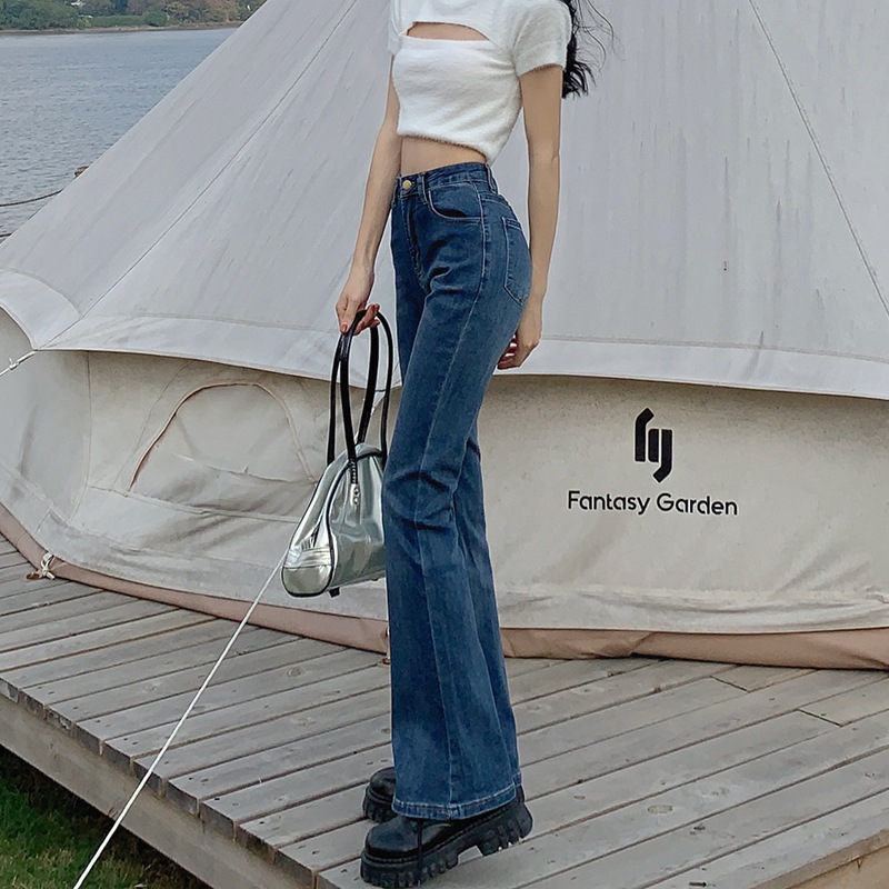 レトロレディースマイクロフレアジーンズ女性ハイウエストスリムl春新しい香港味薄いドラッグパンツ