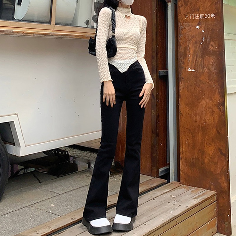 レトロレディースマイクロフレアジーンズ女性ハイウエストスリムl春新しい香港味薄いドラッグパンツ