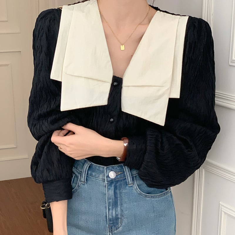 2color レディース トップス パフスリーブ カットソー パール ブラック ホワイト 2color レディース トップス パフスリーブ カットソー パール ブラック ホワイト