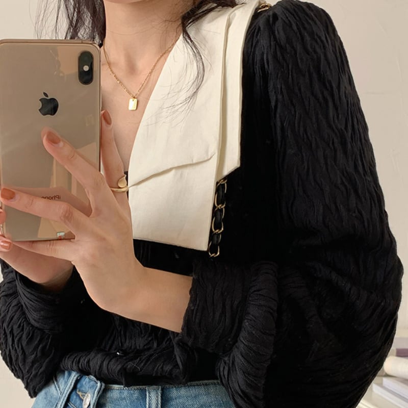 2color レディース トップス パフスリーブ カットソー パール ブラック ホワイト 2color レディース トップス パフスリーブ カットソー パール ブラック ホワイト