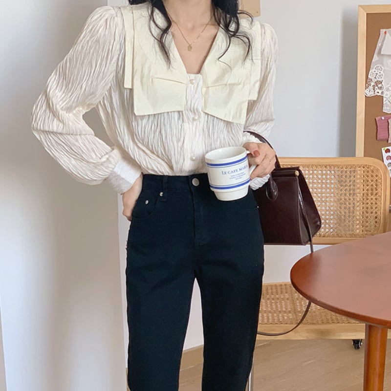 2color レディース トップス パフスリーブ カットソー パール ブラック ホワイト 2color レディース トップス パフスリーブ カットソー パール ブラック ホワイト