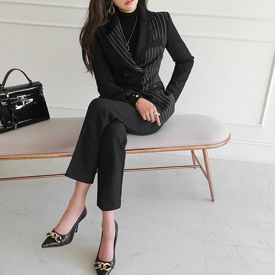 セットアップ スーツ パンツ ボトムス ジャケット ダブルブレスト ストライプ アシンメトリー 長袖 ロング アンクル丈 センタープレス ハイウエスト スキニー 襟付き Vネック レトロ lsu000