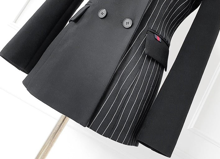 セットアップ スーツ パンツ ボトムス ジャケット ダブルブレスト ストライプ アシンメトリー 長袖 ロング アンクル丈 センタープレス ハイウエスト スキニー 襟付き Vネック レトロ lsu000