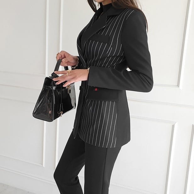 セットアップ スーツ パンツ ボトムス ジャケット ダブルブレスト ストライプ アシンメトリー 長袖 ロング アンクル丈 センタープレス ハイウエスト スキニー 襟付き Vネック レトロ lsu000