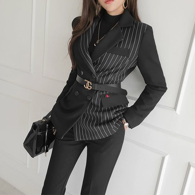 セットアップ スーツ パンツ ボトムス ジャケット ダブルブレスト ストライプ アシンメトリー 長袖 ロング アンクル丈 センタープレス ハイウエスト スキニー 襟付き Vネック レトロ lsu000