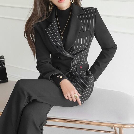 セットアップ スーツ パンツ ボトムス ジャケット ダブルブレスト ストライプ アシンメトリー 長袖 ロング アンクル丈 センタープレス ハイウエスト スキニー 襟付き Vネック レトロ lsu000