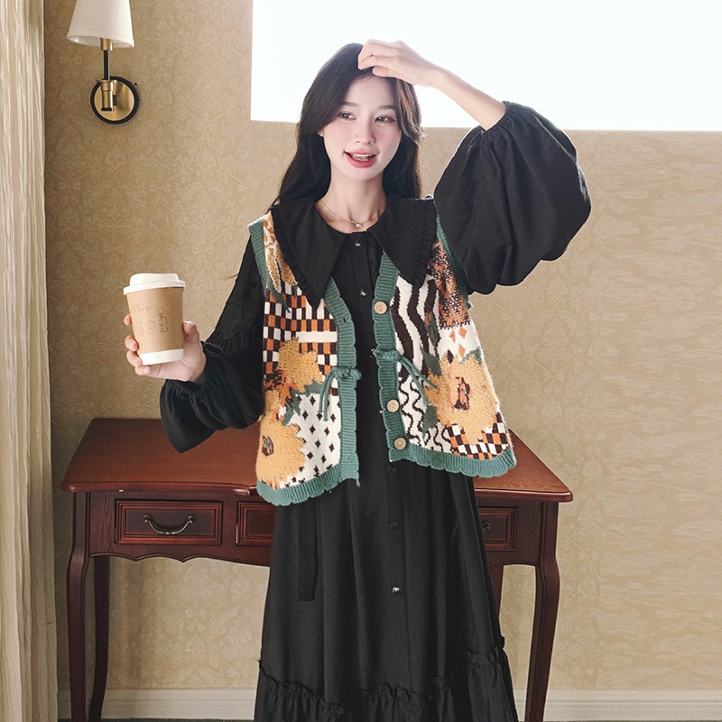 ブラックドールカラーワンピースセット女性春と秋2024新しい甘い年齢削減ニットカーディガン2点セット ブラックドールカラーワンピースセット女性春と秋2024新しい甘い年齢削減ニットカーディガン2点セット