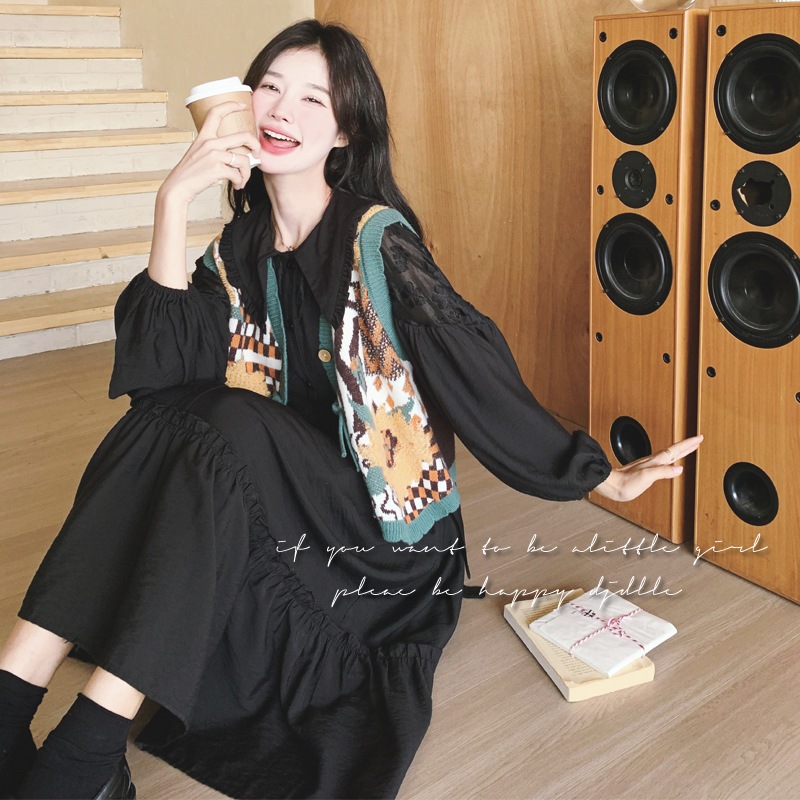 ブラックドールカラーワンピースセット女性春と秋2024新しい甘い年齢削減ニットカーディガン2点セット ブラックドールカラーワンピースセット女性春と秋2024新しい甘い年齢削減ニットカーディガン2点セット