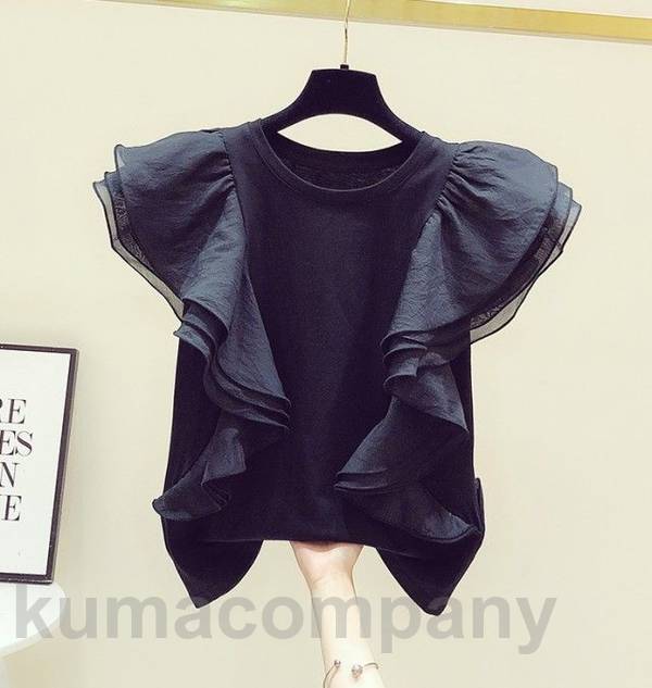 フリル トップス レディース フリル袖 半袖 フレンチスリーブ シャツ ブラウス クルーネック カットソー 大きいサイズ 白 黒 カジュアル 可愛い 韓国 ファッション 大人可愛い km