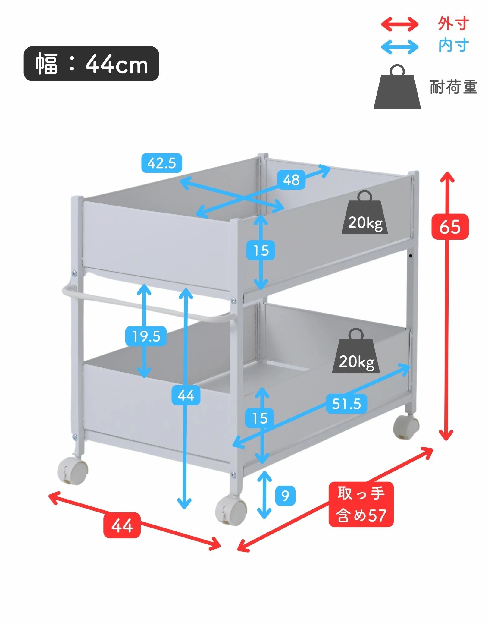 頑丈 収納ラック キャスター付き 奥行き57 高さ65 幅44cm