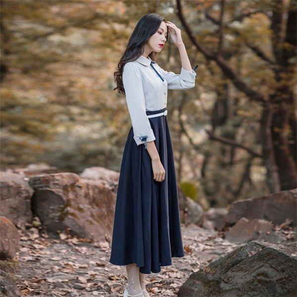 クラシックワンピース　切り替え　ロングワンピ　長袖　マキシワンピース　カレッジ風　森ガール　エレガント 上品