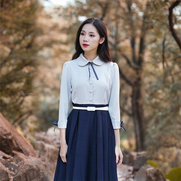 クラシックワンピース　切り替え　ロングワンピ　長袖　マキシワンピース　カレッジ風　森ガール　エレガント 上品