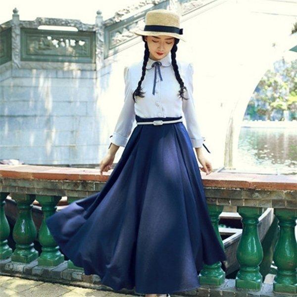 クラシックワンピース　切り替え　ロングワンピ　長袖　マキシワンピース　カレッジ風　森ガール　エレガント 上品