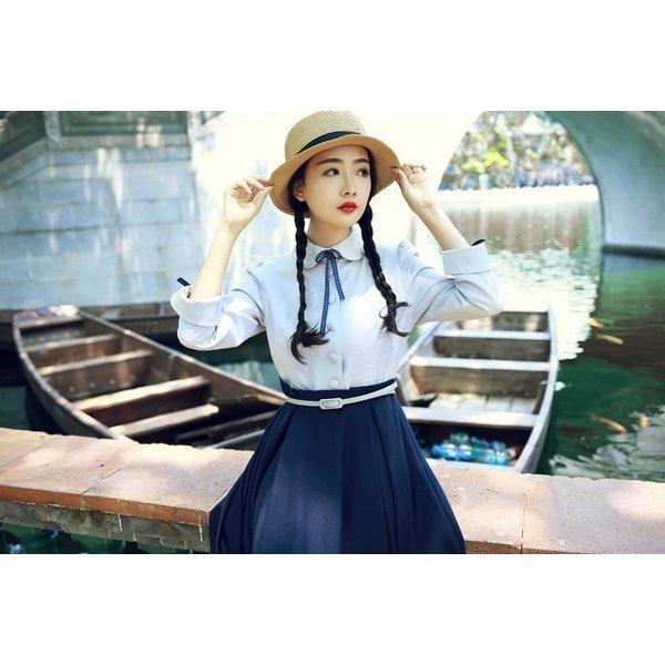 クラシックワンピース　切り替え　ロングワンピ　長袖　マキシワンピース　カレッジ風　森ガール　エレガント 上品