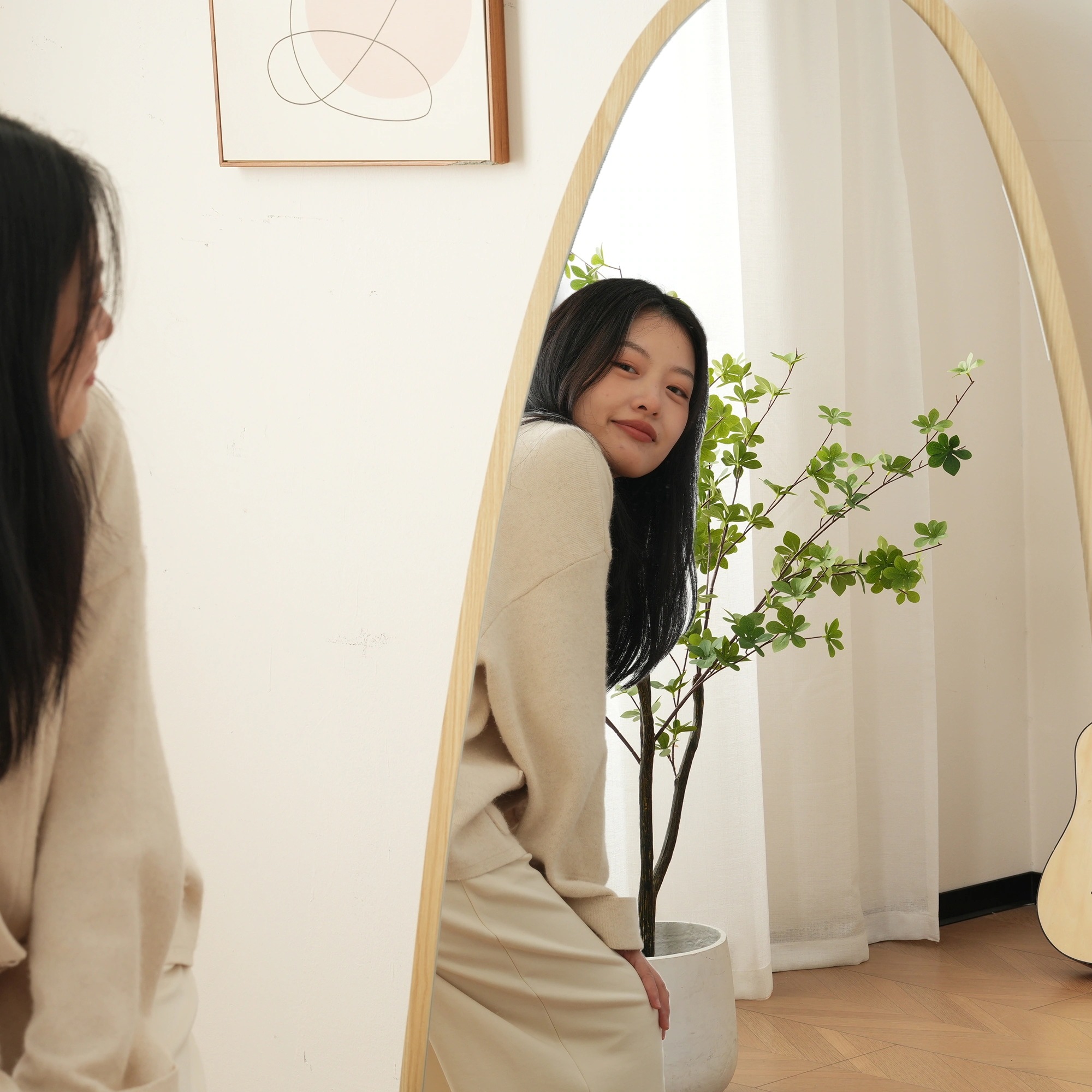 安心保証】全身鏡 水滴型 姿見鏡 北欧 木目調 スタンドミラー 壁掛け