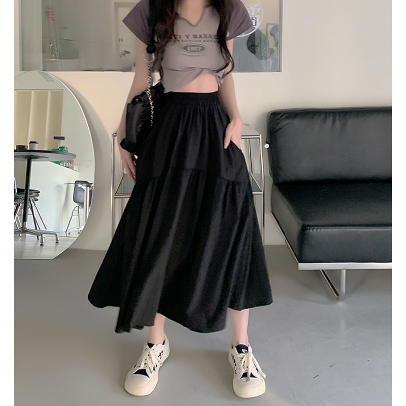 【1つ買うと10つ無料】2025春と夏の女性ケーキスカートエラスティックウエストハイウエストスリミングミッドレングスの ライン傘スカート