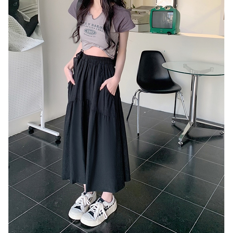 【1つ買うと10つ無料】2025春と夏の女性ケーキスカートエラスティックウエストハイウエストスリミングミッドレングスの ライン傘スカート