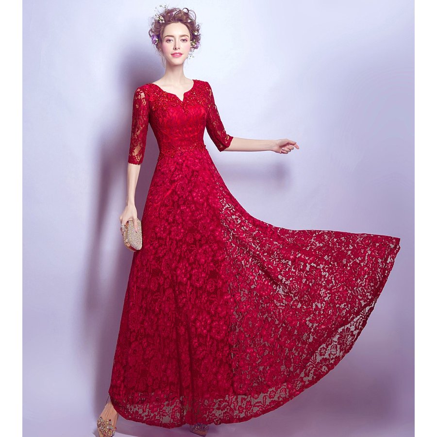 ロングドレス 安い カラードレス 赤 イブニングドレス 長袖 コンサート 結婚式 カクテルドレス 演