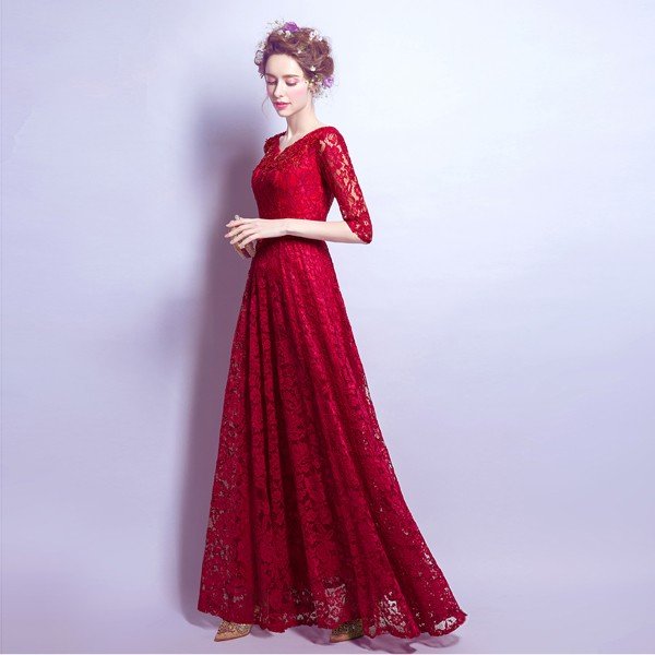 ロングドレス 安い カラードレス 赤 イブニングドレス 長袖 コンサート 結婚式 カクテルドレス 演