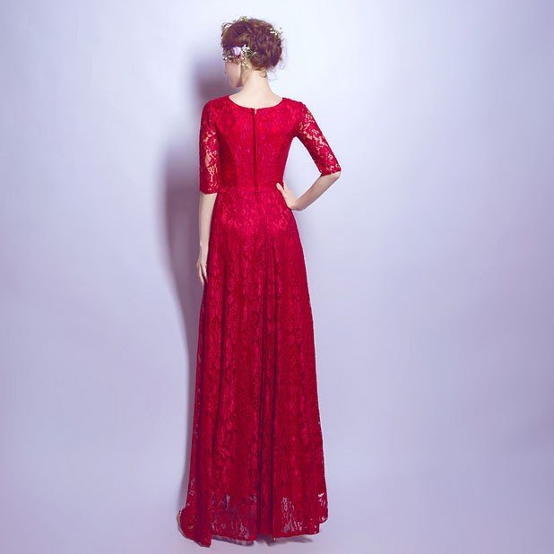ロングドレス 安い カラードレス 赤 イブニングドレス 長袖 コンサート 結婚式 カクテルドレス 演