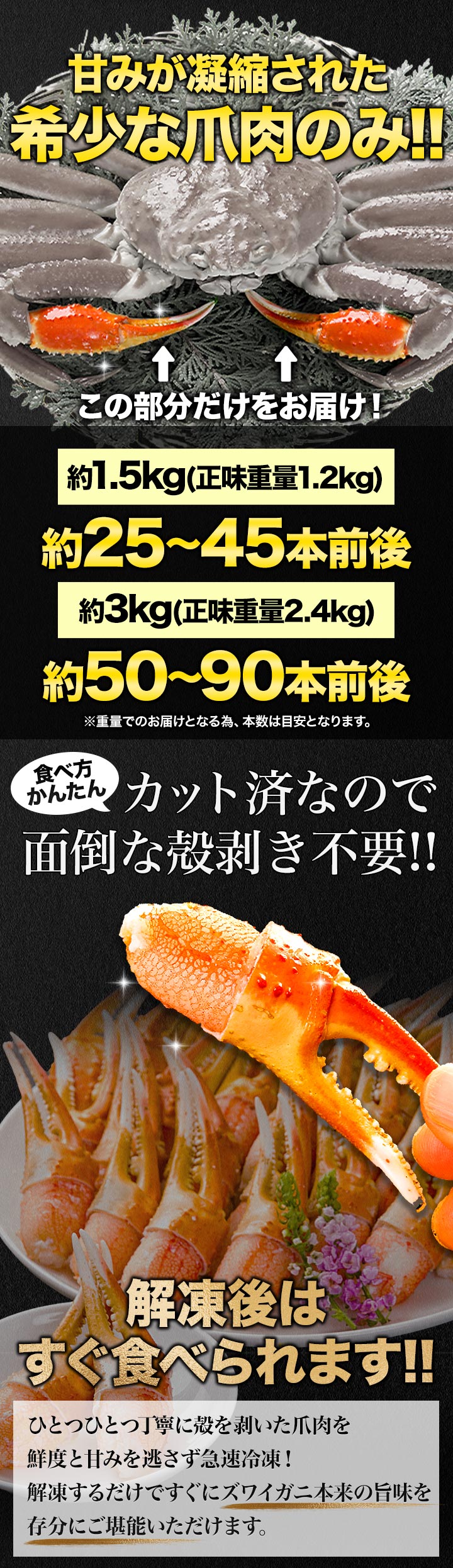 1.5kg 特大お刺身用ズワイガニ爪剥き身 1.5kg ズワイ むき身 爪肉 お刺身 海鮮