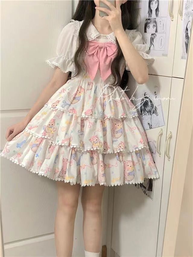 ロリータ シャツ+ワンピース 春夏 コスプレ 二点セット 新作 可愛らしい 蝶結び ロリータ シャツ+ワンピース 春夏 コスプレ 二点セット 新作 可愛らしい 蝶結び