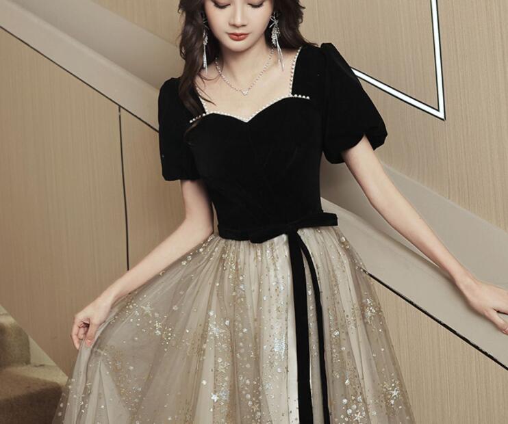 パーティードレス　黒　半袖　ロングドレス　演出服　上品　ワンピース　ステージ　結婚式　二次会　大きいサイズ