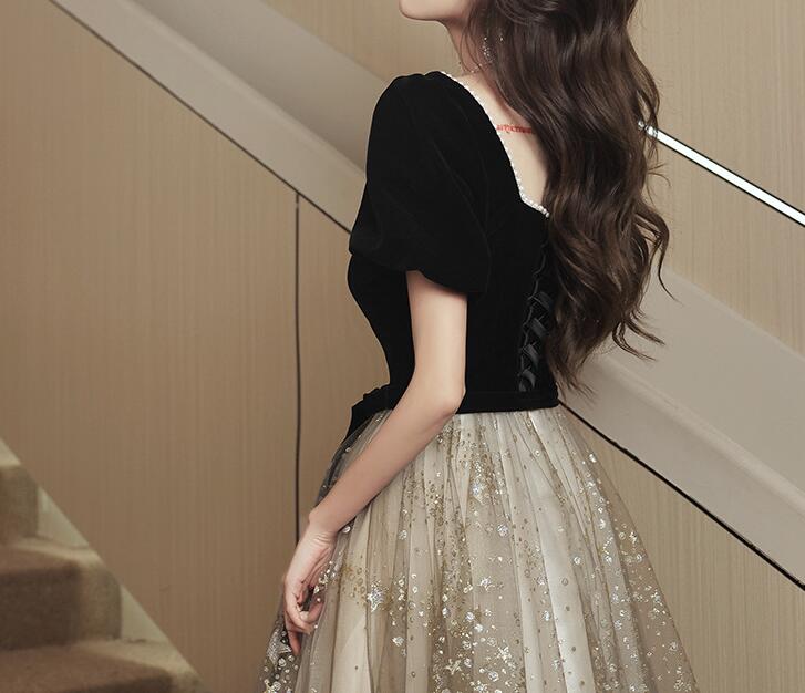 パーティードレス　黒　半袖　ロングドレス　演出服　上品　ワンピース　ステージ　結婚式　二次会　大きいサイズ