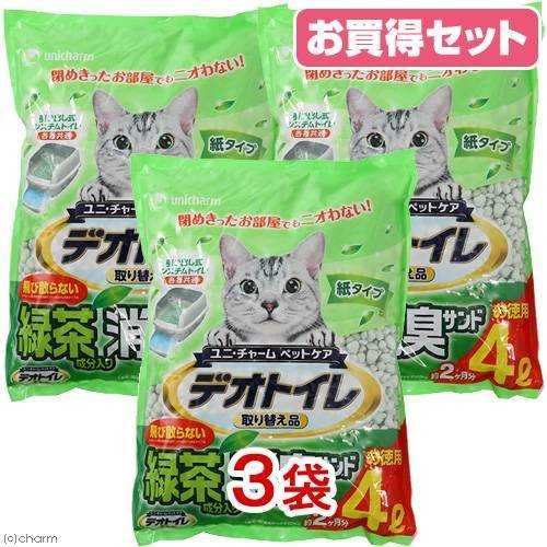 ユニ・チャーム デオトイレ 飛び散らない緑茶・消臭サンド 4L 3袋入り 猫砂 紙 燃やせる