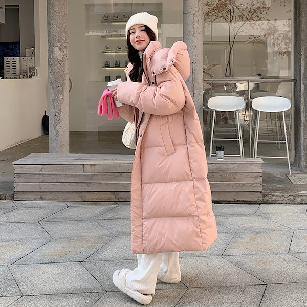 女性用ピンクダウンジャケット2023冬新作韓国風ミドル丈ファッショナブルな厚みのあるニーハイフード付きジャケット