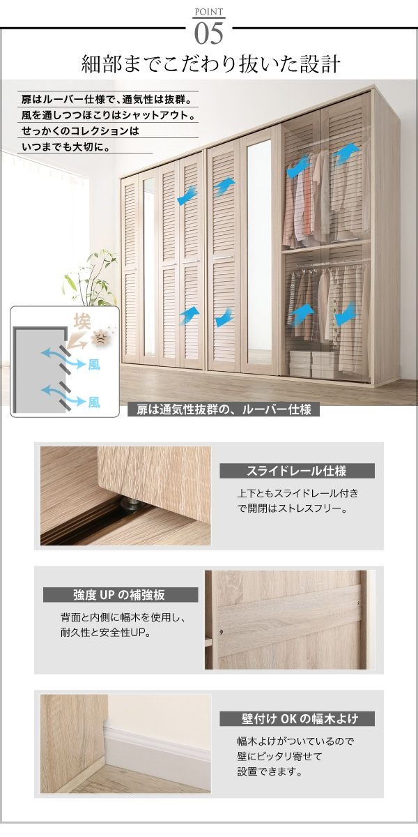 ミラー付き ルーバー折れ戸式ワードローブ [Walkry]ウォークリー 幅120 ホワイト