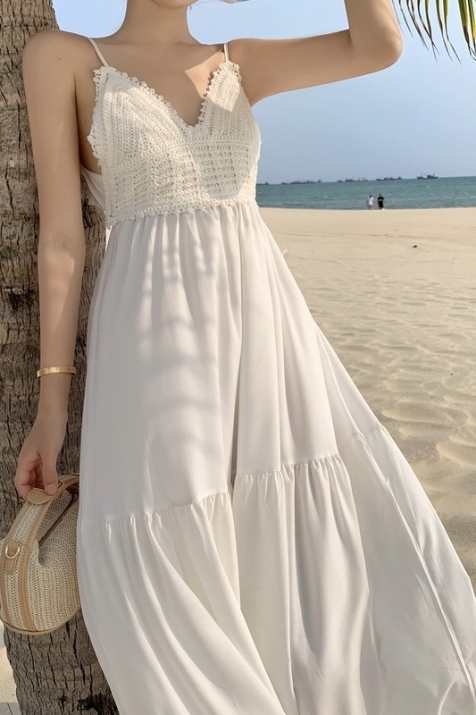 ティアードワンピース ワンピース 膝下 ミモレ ミモレ丈 袖なし ノースリーブ Vネック