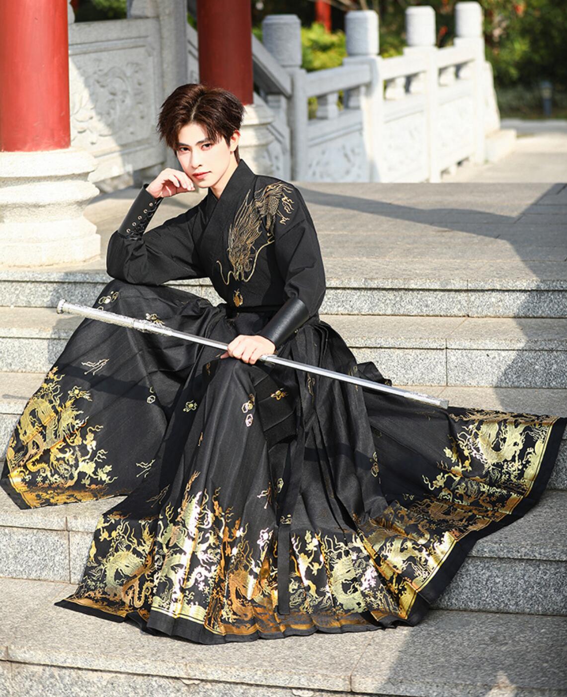 チャイナ服 漢服 上下2点セット 袖カバー追加可 メンズ 中華コスプレ衣装 黒に金 銀 龍 九尾狐 華やか 中国古代服装 交差襟 ロング丈 プリーツ 巻きスカート 中華時代劇コスチューム 男性 女性