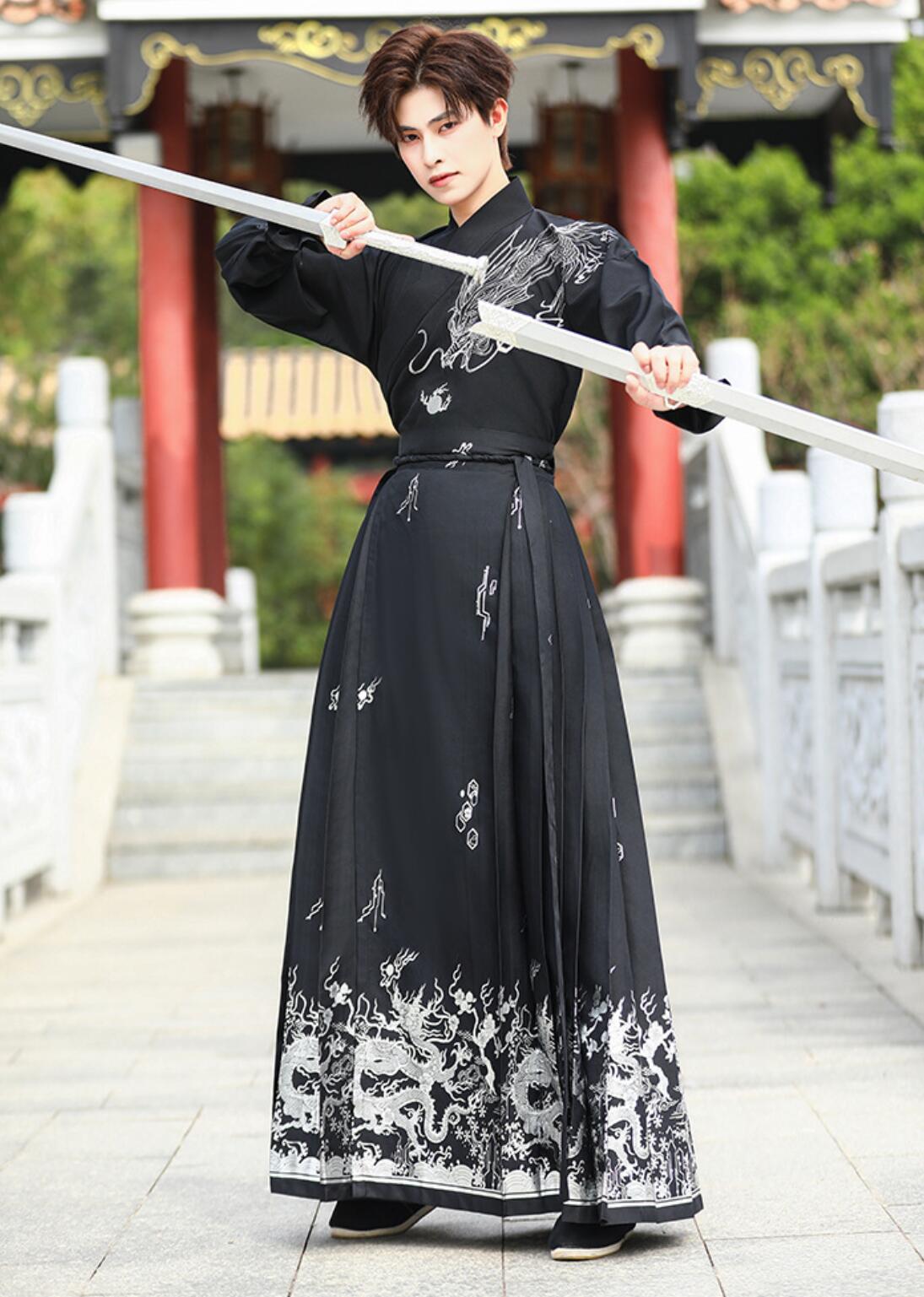 チャイナ服 漢服 上下2点セット 袖カバー追加可 メンズ 中華コスプレ衣装 黒に金 銀 龍 九尾狐 華やか 中国古代服装 交差襟 ロング丈 プリーツ 巻きスカート 中華時代劇コスチューム 男性 女性