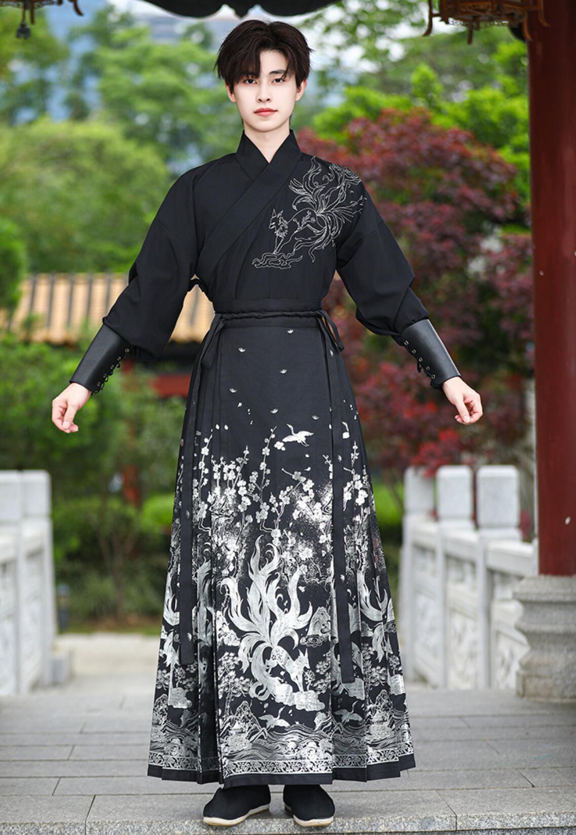 チャイナ服 漢服 上下2点セット 袖カバー追加可 メンズ 中華コスプレ衣装 黒に金 銀 龍 九尾狐 華やか 中国古代服装 交差襟 ロング丈 プリーツ 巻きスカート 中華時代劇コスチューム 男性 女性