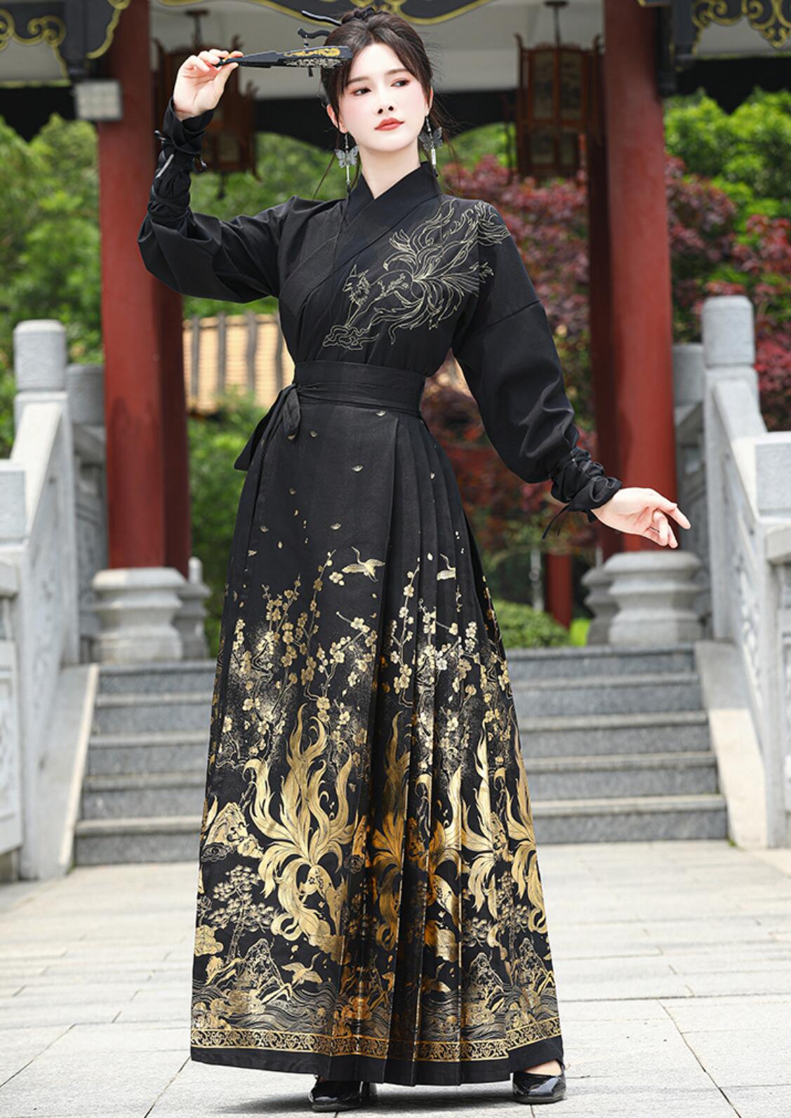 チャイナ服 漢服 上下2点セット 袖カバー追加可 メンズ 中華コスプレ衣装 黒に金 銀 龍 九尾狐 華やか 中国古代服装 交差襟 ロング丈 プリーツ 巻きスカート 中華時代劇コスチューム 男性 女性