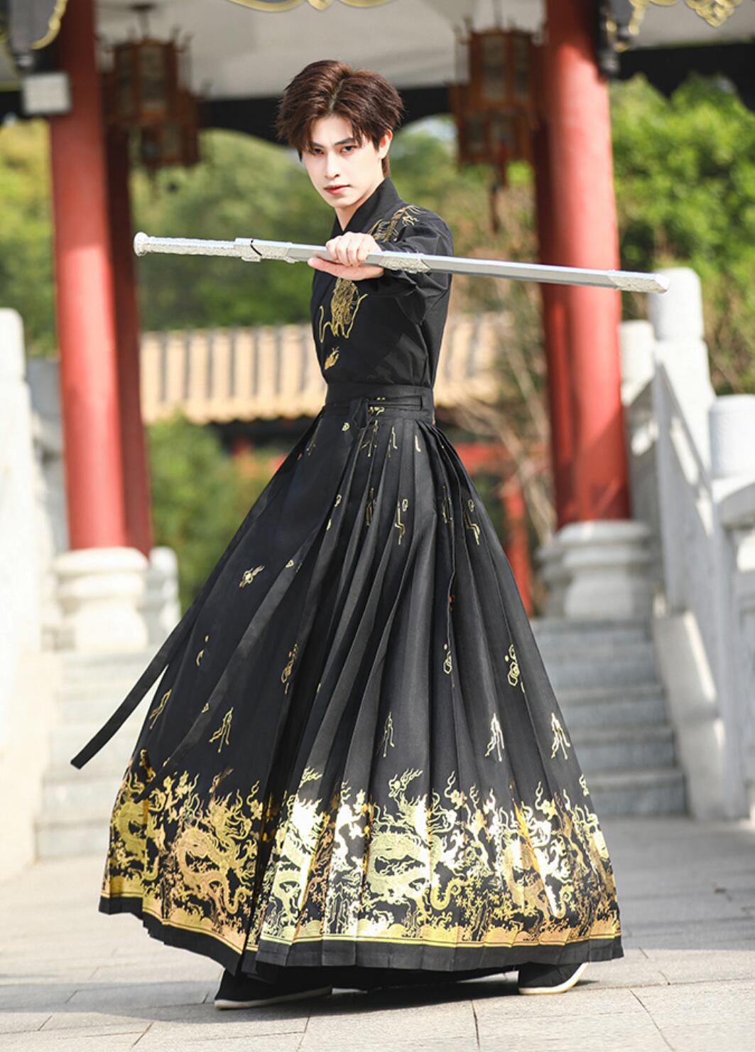 チャイナ服 漢服 上下2点セット 袖カバー追加可 メンズ 中華コスプレ衣装 黒に金 銀 龍 九尾狐 華やか 中国古代服装 交差襟 ロング丈 プリーツ 巻きスカート 中華時代劇コスチューム 男性 女性