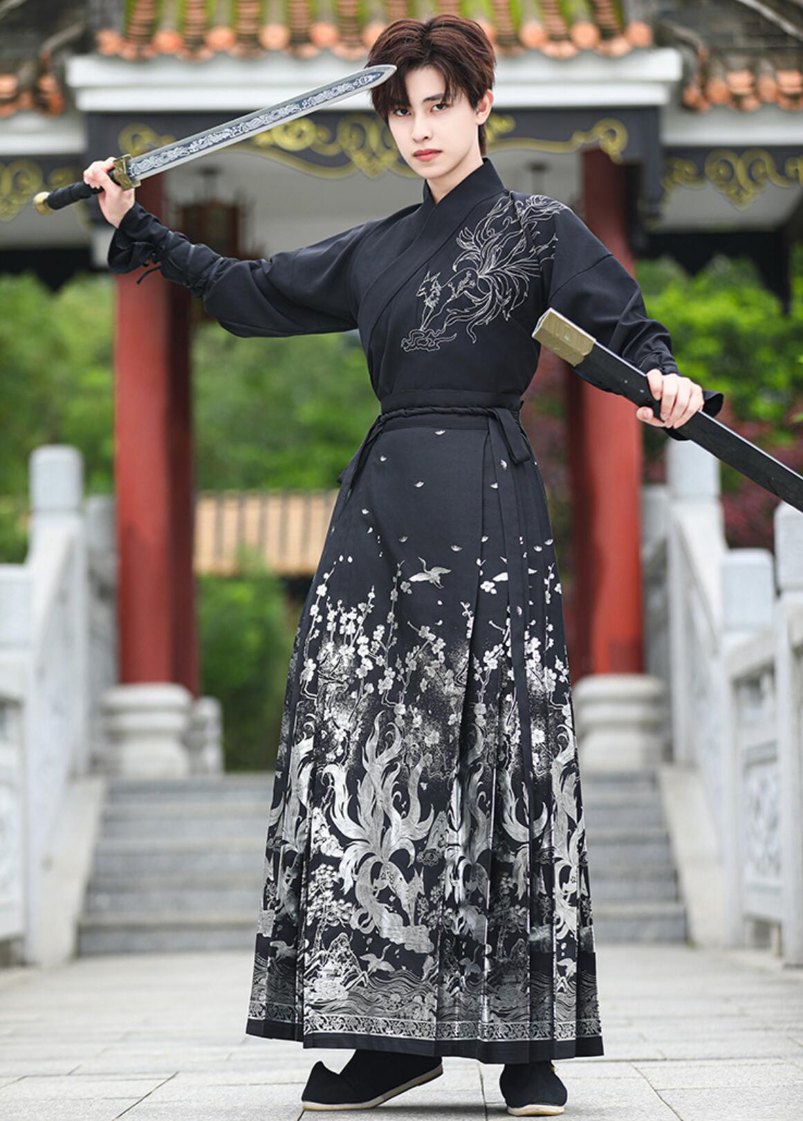 チャイナ服 漢服 上下2点セット 袖カバー追加可 メンズ 中華コスプレ衣装 黒に金 銀 龍 九尾狐 華やか 中国古代服装 交差襟 ロング丈 プリーツ 巻きスカート 中華時代劇コスチューム 男性 女性