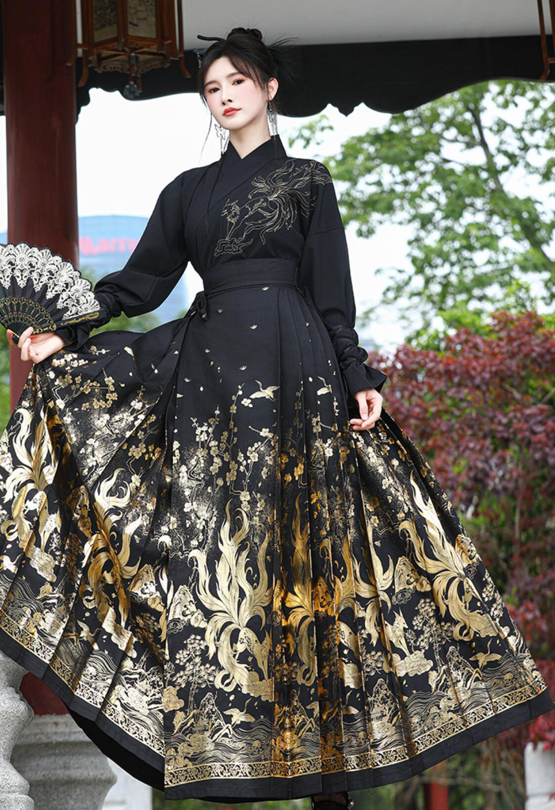 チャイナ服 漢服 上下2点セット 袖カバー追加可 メンズ 中華コスプレ衣装 黒に金 銀 龍 九尾狐 華やか 中国古代服装 交差襟 ロング丈 プリーツ 巻きスカート 中華時代劇コスチューム 男性 女性