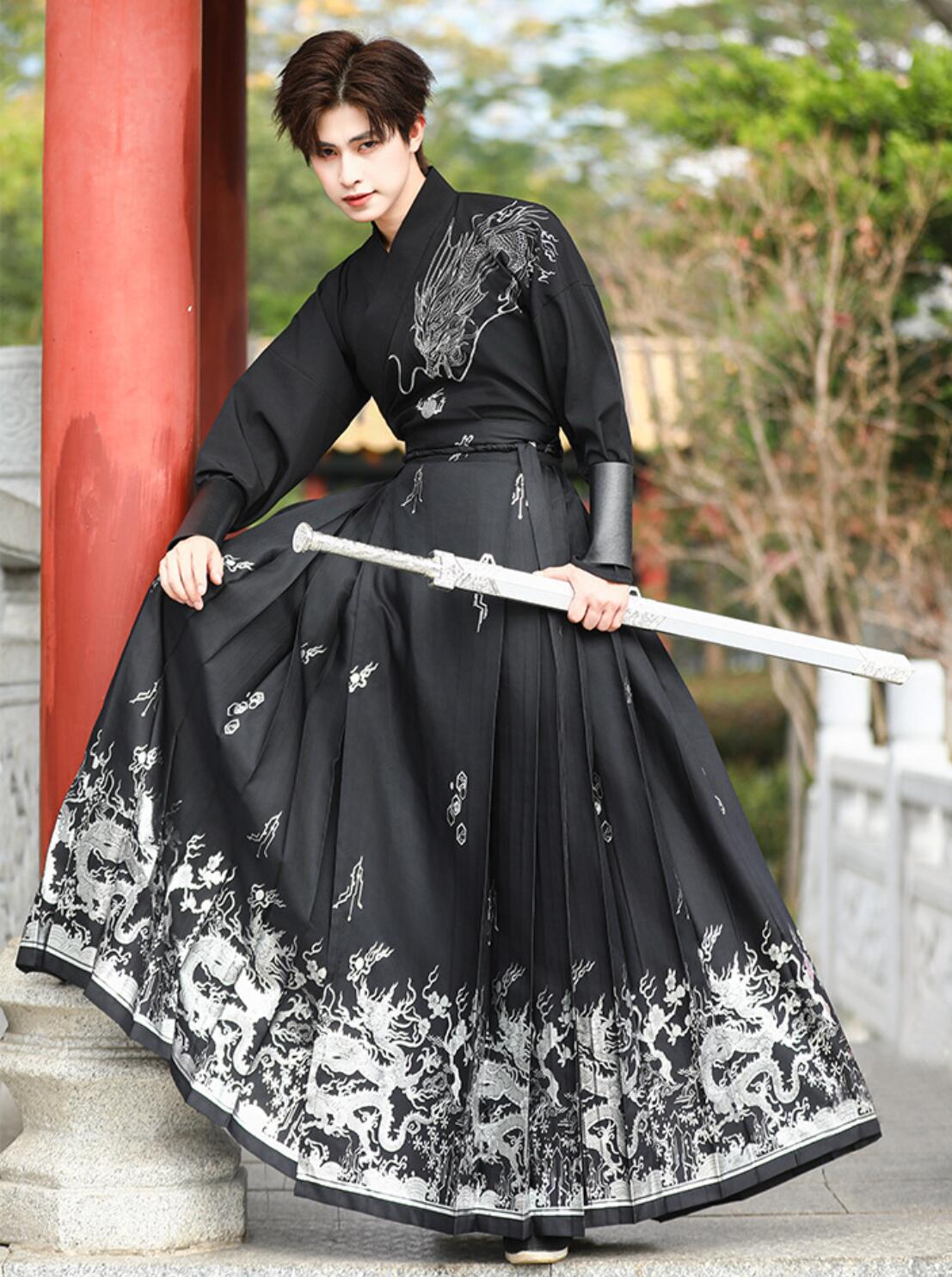 チャイナ服 漢服 上下2点セット 袖カバー追加可 メンズ 中華コスプレ衣装 黒に金 銀 龍 九尾狐 華やか 中国古代服装 交差襟 ロング丈 プリーツ 巻きスカート 中華時代劇コスチューム 男性 女性