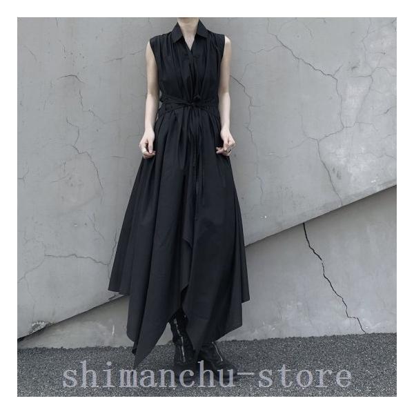 ロングシャツワンピースモード風ノースリーブ2wayワンピレディースドレープフレアアシンメトリードレス夏