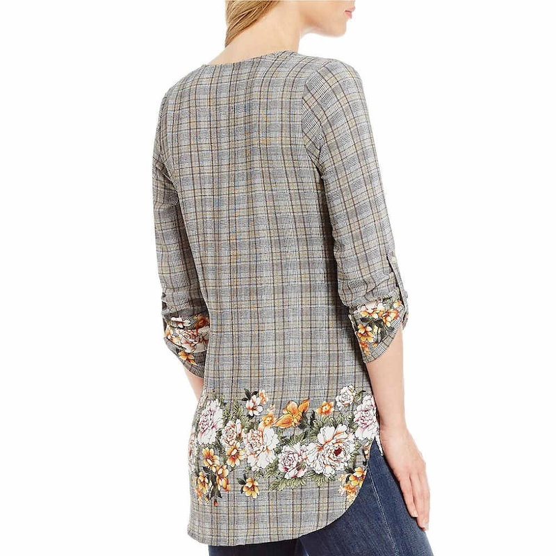 ボボウ レディース トップス ブラウス・シャツ【Bobeau Floral & Plaid Print V-Neck Roll-Tab Sleeve Top】Grey Multi ボボウ レディース トップス ブラウス・シャツ【Bobeau Floral & Plaid Print V-Neck Roll-Tab Sleeve Top】Grey Multi
