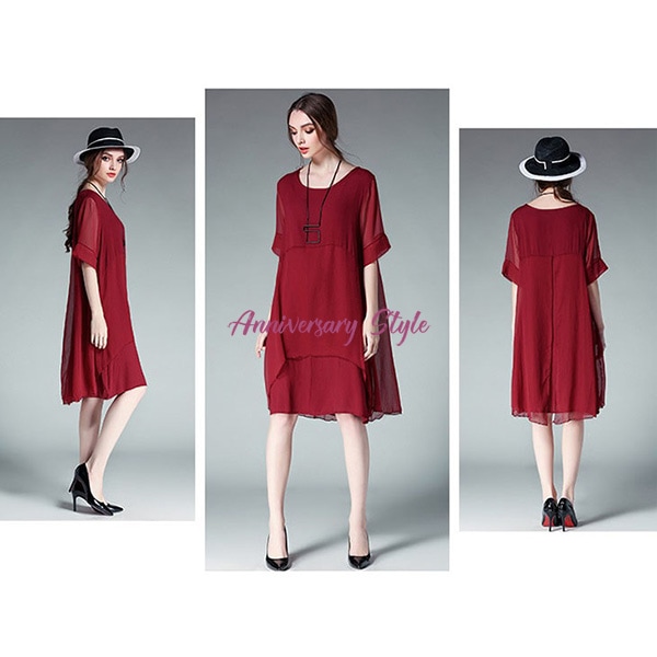 ワンピース 赤 2L 即納 ゆったり 大きいサイズ 楊柳シフォン 2枚セット MD-D63376 シースルー 半袖 袖あり ロングテイル レイヤード