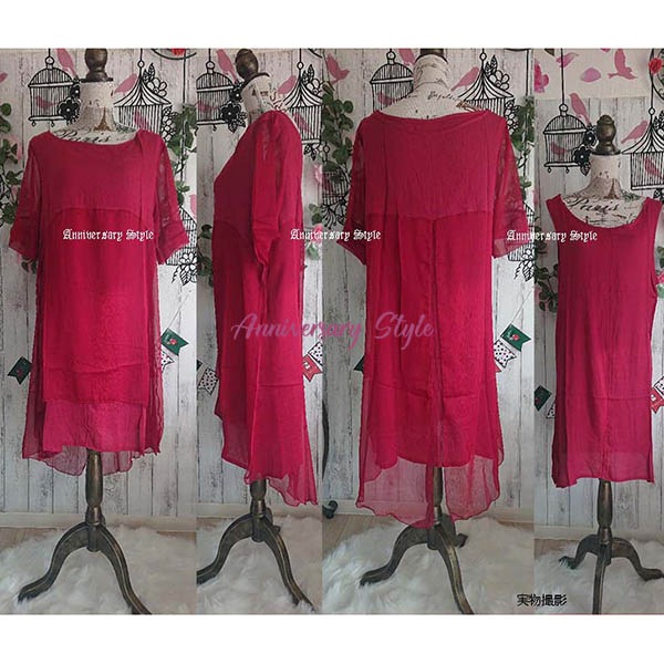 ワンピース 赤 2L 即納 ゆったり 大きいサイズ 楊柳シフォン 2枚セット MD-D63376 シースルー 半袖 袖あり ロングテイル レイヤード