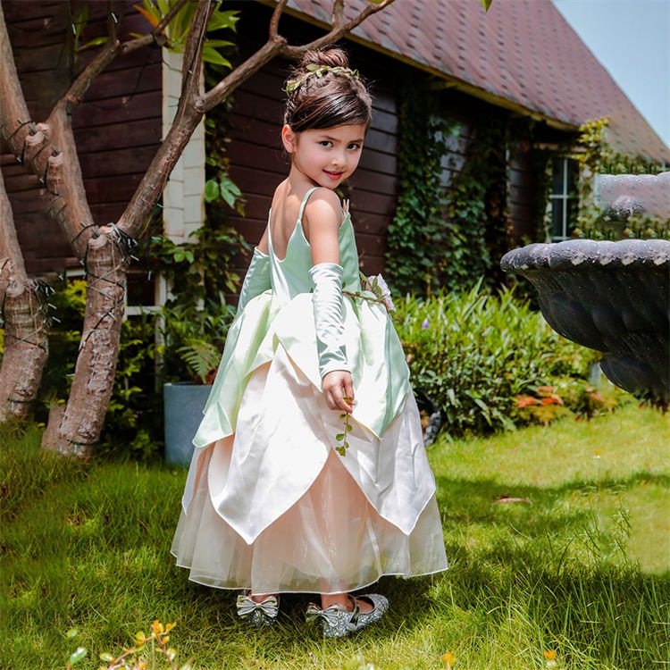 カエルの姫 ハロウィン コスプレ 子供 キッズ 衣装 お姫様 花 イエロー グリーン チュール コスチューム ワンピース アクセサリー 翼 羽 花冠 女の子 精霊 仙女 森 プリンセス 可愛い おしゃ