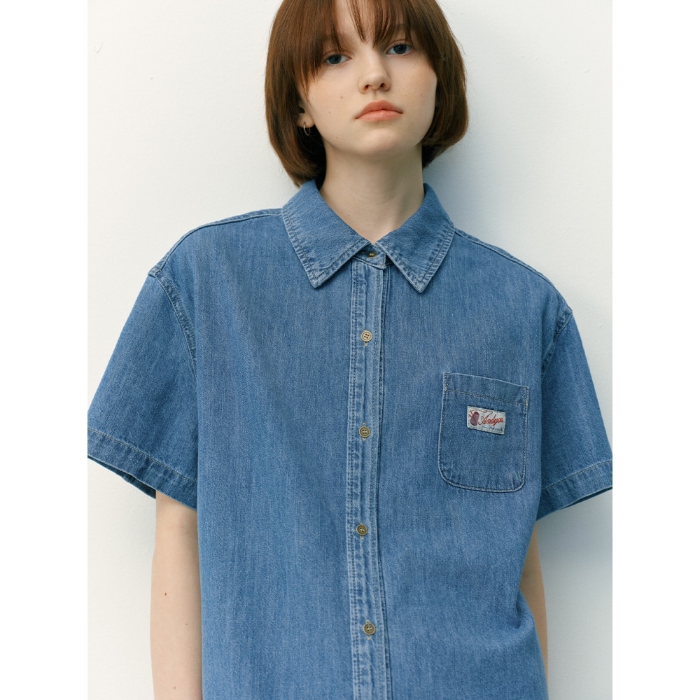 AND YOU ダンデノンデニムシャツ半袖ワンピース (ミッドブルー) AND YOU ダンデノンデニムシャツ半袖ワンピース (ミッドブルー)
