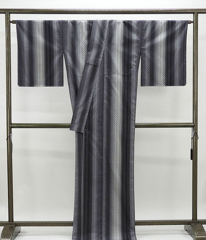 単衣 紬 新品仕立済 正絹 単衣 格子ぼかし模様 身丈164.5cm 裄