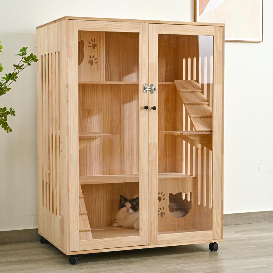 短納期！猫 ケージ キャットケージ 3段 木製フレーム 広々 大型 猫ゲージ 高級感 おしゃれ キャットハウス ネコ ハウス 多段 留守番 保護 脱走防止 多頭飼い 多頭 ペットケージ